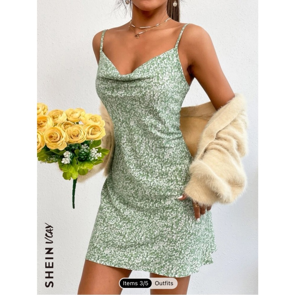 SHEIN VCAY Ditsy Floral Draped Belted Cami Dress green flowers cute feminine sm - Picture 1 of 16